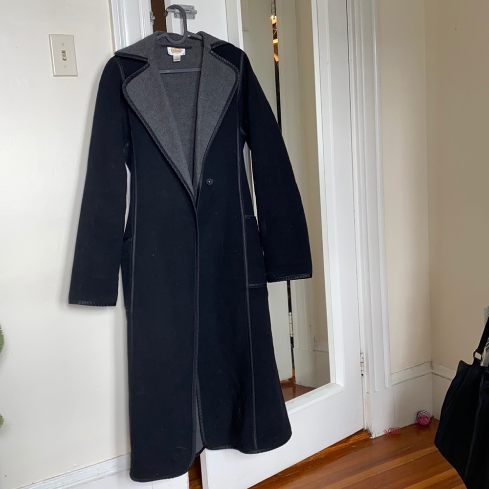 Long black and gray tie waist wool coat